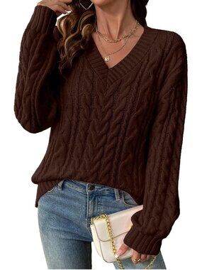 Women's Dark Brown Lightweight V Neck Cable Knit Sweater Fall Outfits Sweaters